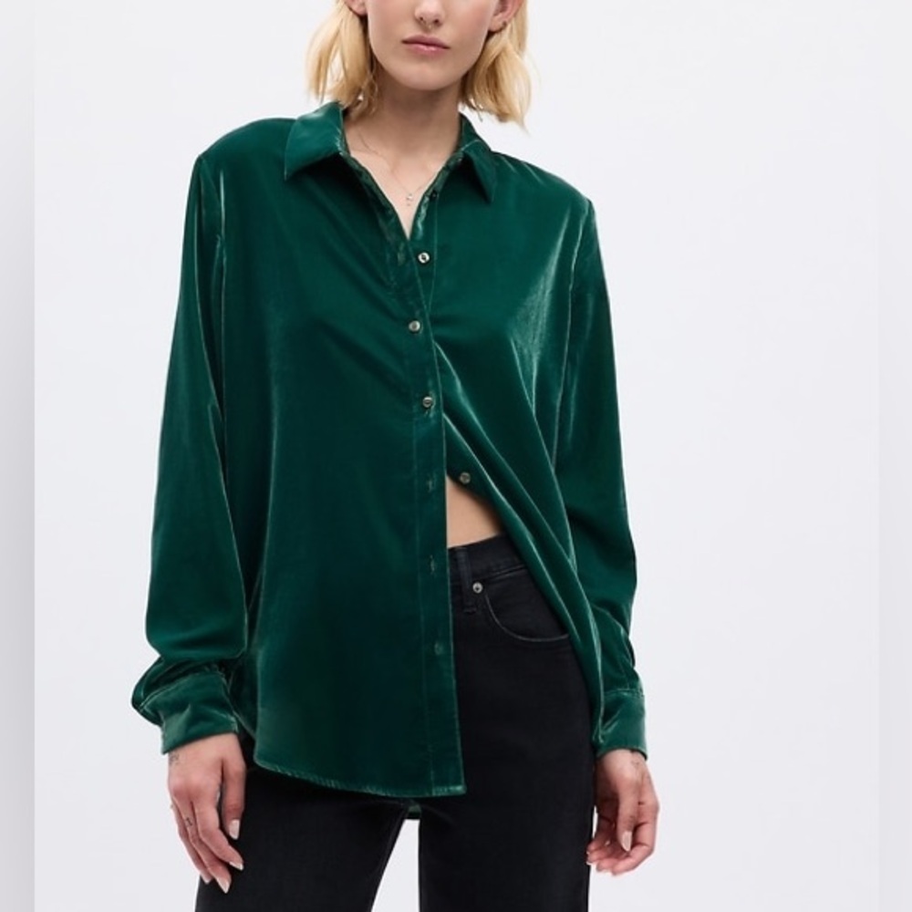 Gap Velvet Boyfriend Button-Up Green Shirt Size Medium